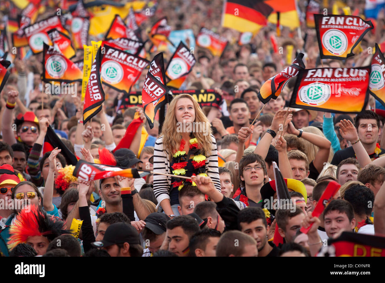 Football fans watching the second match of the German national team during the Euro 2012 championships at Fanpark Berlin Stock Photo