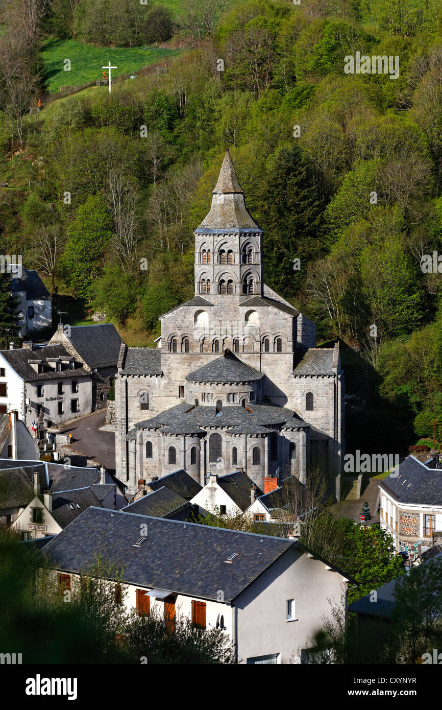 Notre Dame, Romanesque church, Orcival, Parc Naturel Regional des Volcans d'Auvergne, Auvergne Volcanoes Natural Regional Park Stock Photo