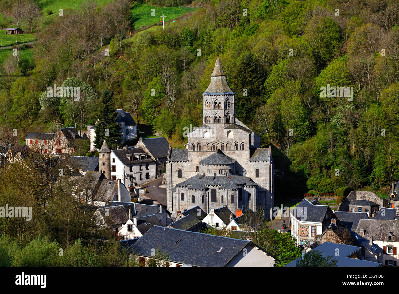 Notre Dame, Romanesque church, Orcival, Parc Naturel Regional des Volcans d'Auvergne, Auvergne Volcanoes Natural Regional Park Stock Photo