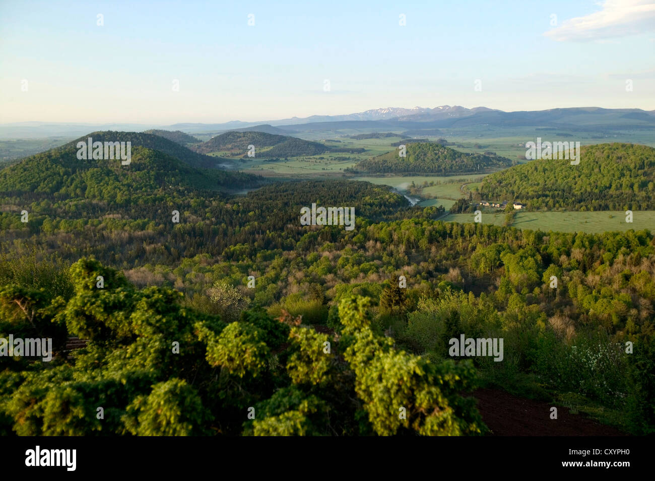 Monts Dore as seen from Puy de la Vache, the Sancy massif at back, Auvergne Volcanoes Natural Park, Puy de Dome, Auvergne Stock Photo