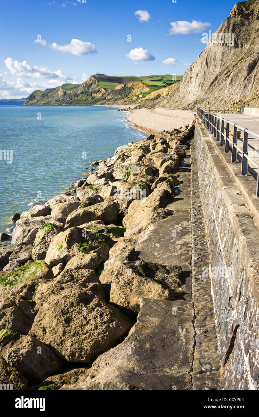 Sea defences on the Jurassic coast at West Bay looking towards ...