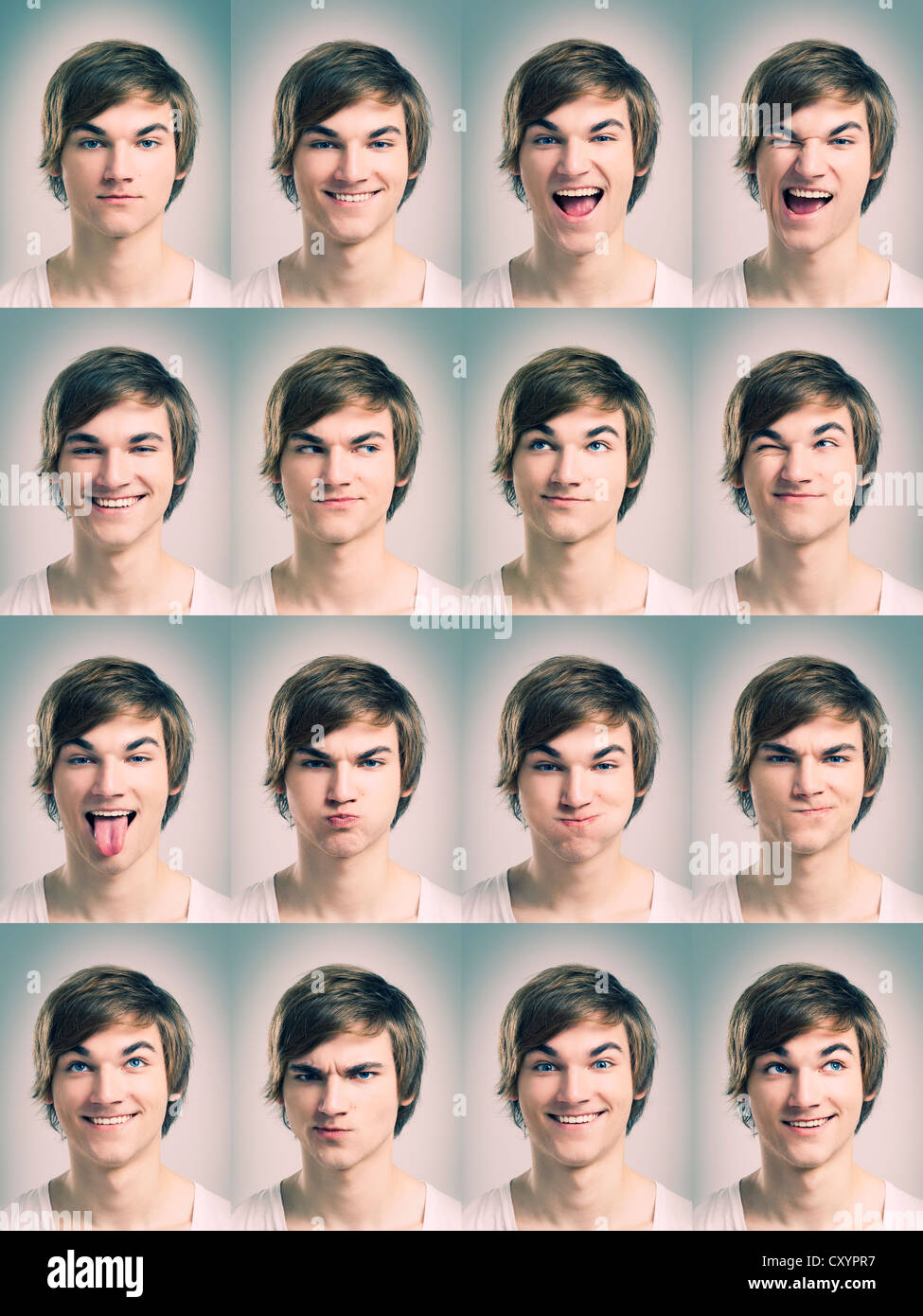 Multiple portraits of a young man doing grimaces Stock Photo - Alamy