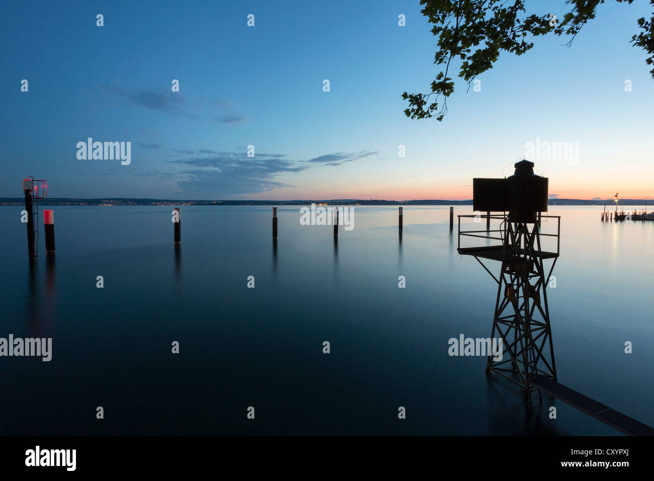 Evening mood at Lake Constance, ferry harbour near Meersburg, Baden-Wuerttemberg Stock Photo