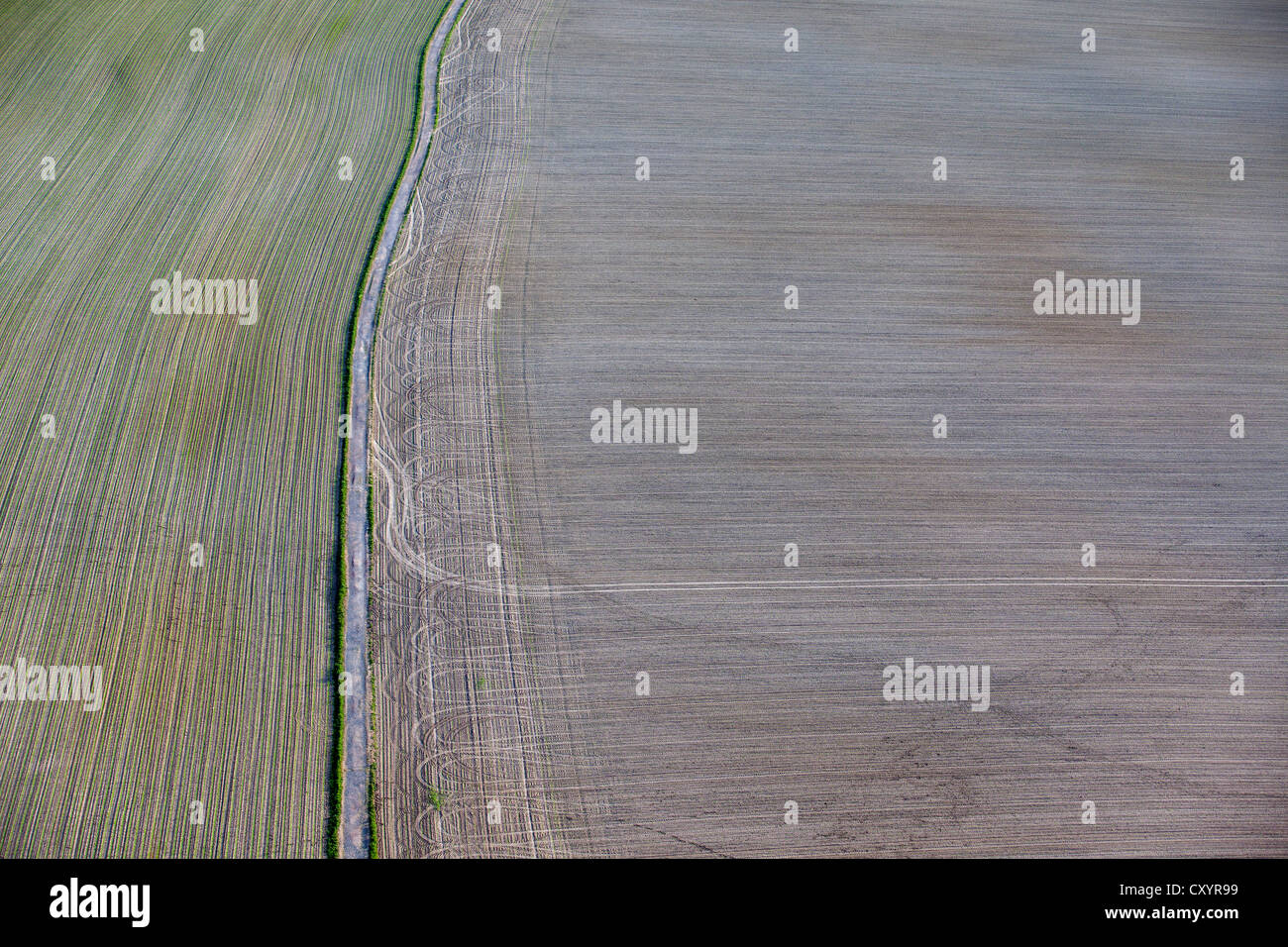 Aerial view, field with road, Elbe Sandstone Mountains, Saxony Stock Photo