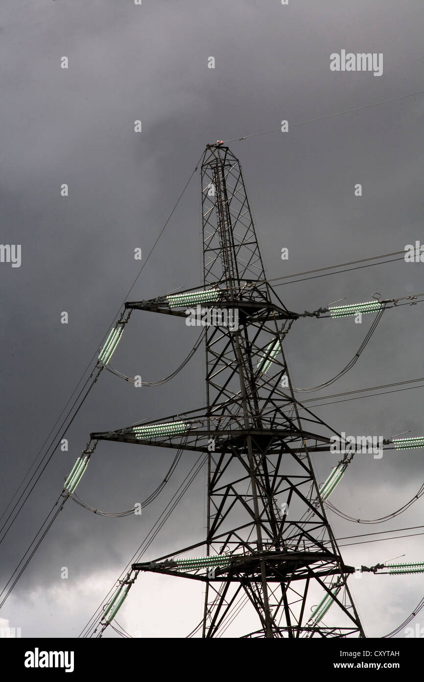 Electricity pylon carrying power from gas fired station in Wales Stock Photo