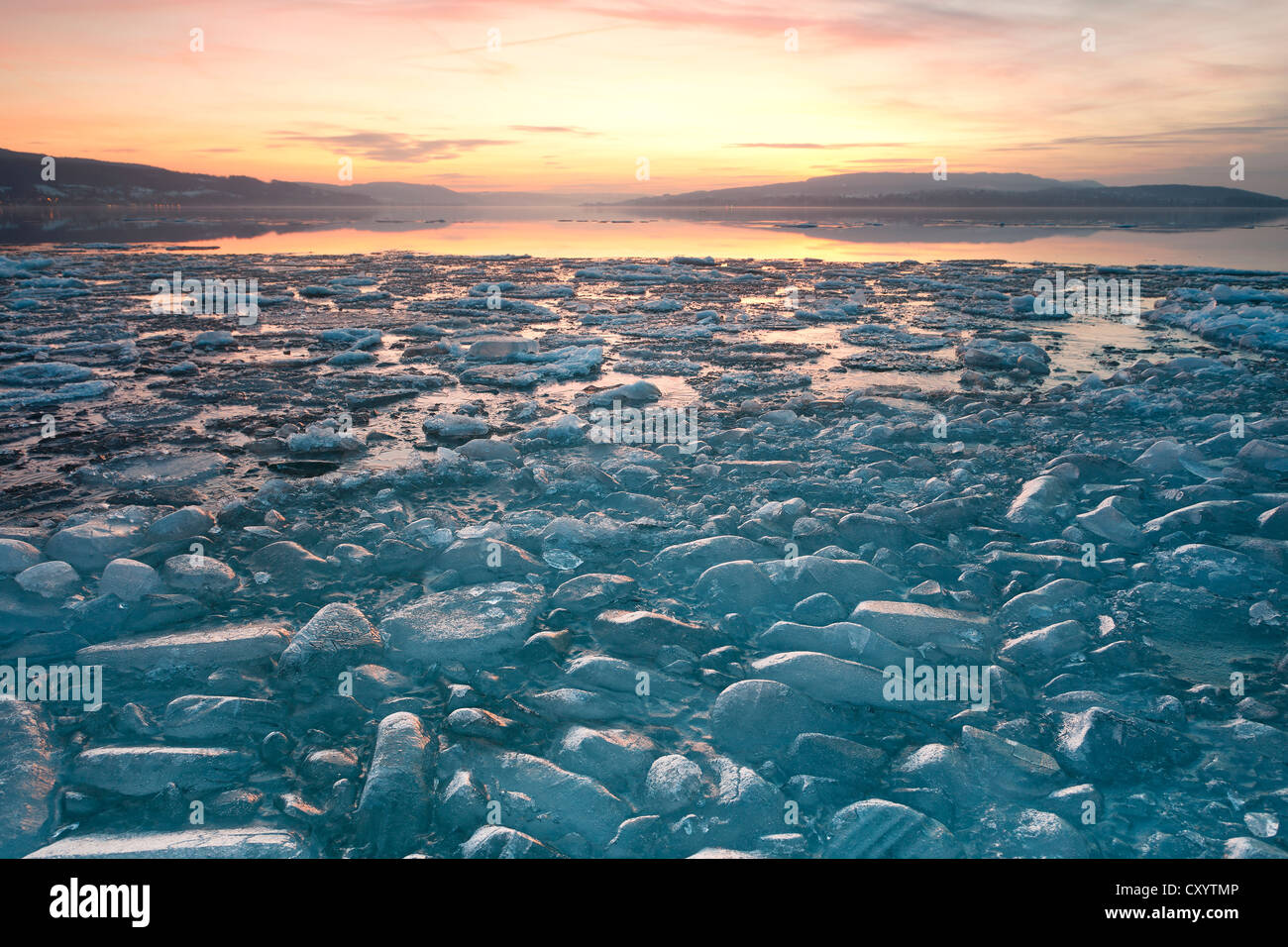 Ice on Lake Constance at sunset in winter, at Sandseele on the island of Reichenau, Baden-Wuerttemberg, PublicGround Stock Photo