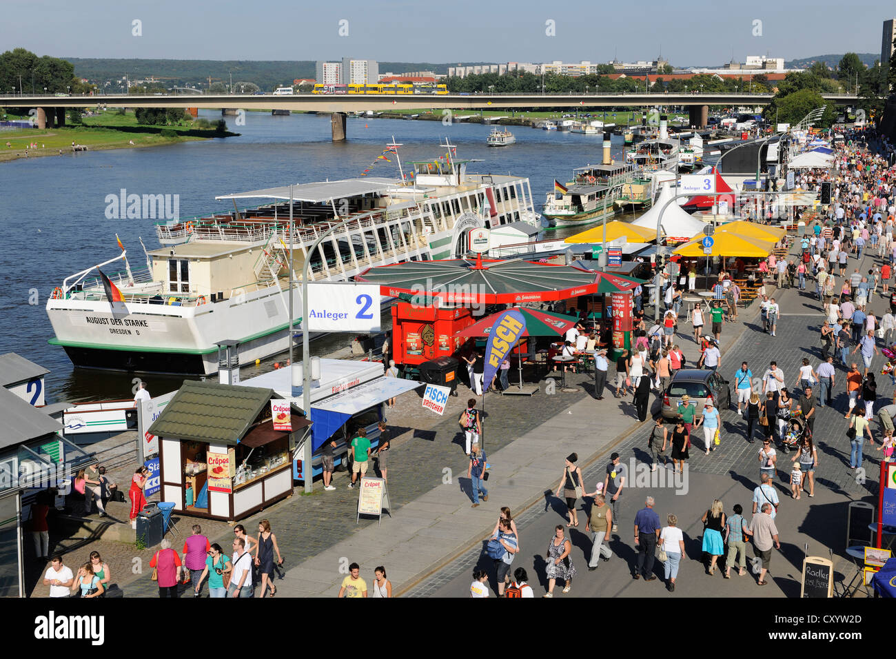 Dresden City Festival, Terrassenufer waterfront, Elbe River and boats, Saxony Stock Photo