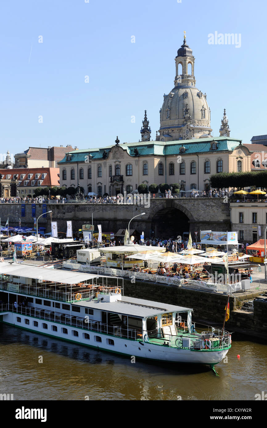 Dresden City Festival, Terrassenufer waterfront and Bruehl's Terrace, secundogeniture, Elbe River and boats Stock Photo