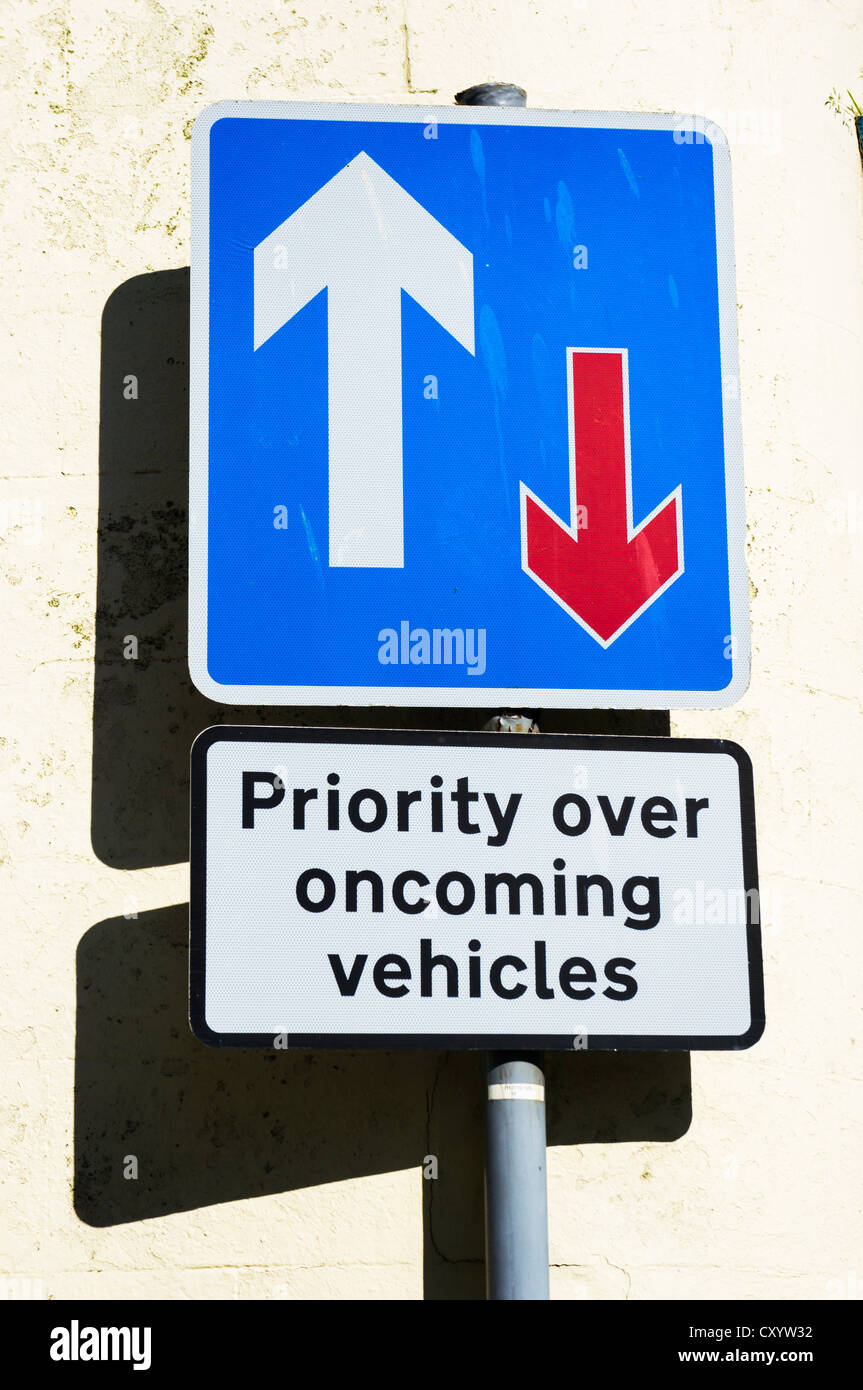 Priority over oncoming vehicles road sign UK Stock Photo