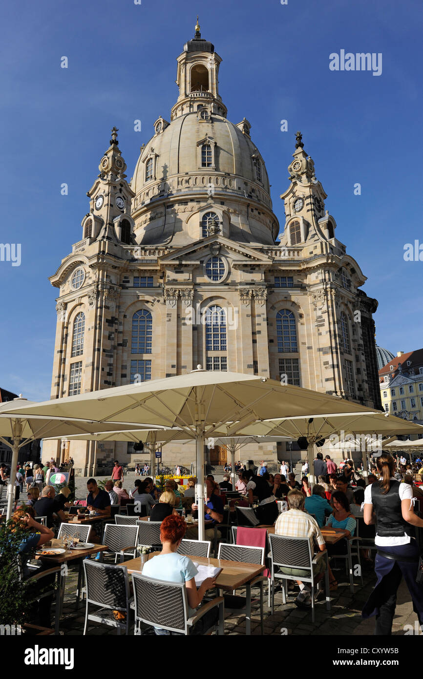 Beer garden and Frauenkirche church, Neumarkt square, Dresden, Saxony Stock Photo