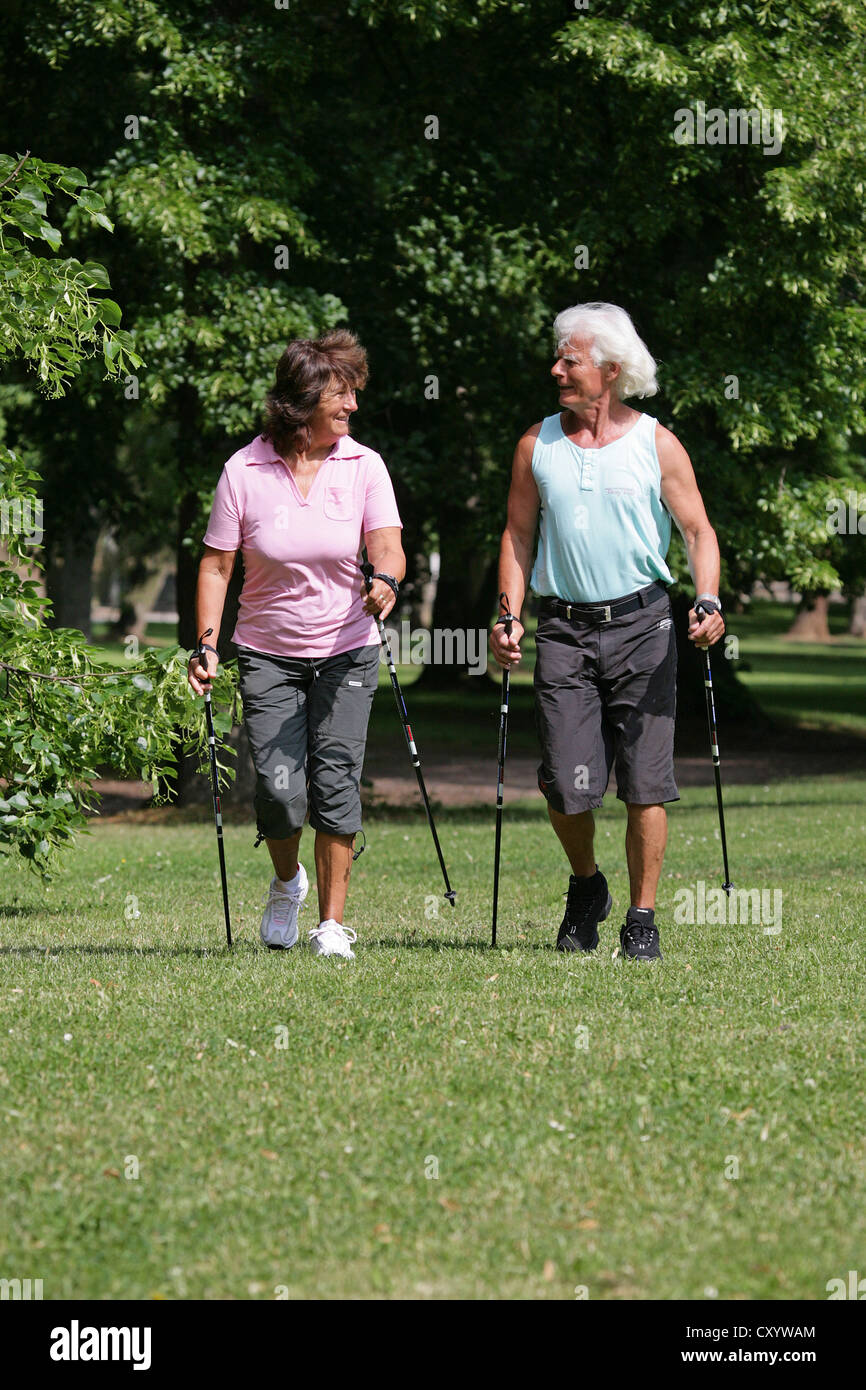 Senior couple, Nordic Walking, Erfurt, Thuringia Stock Photo
