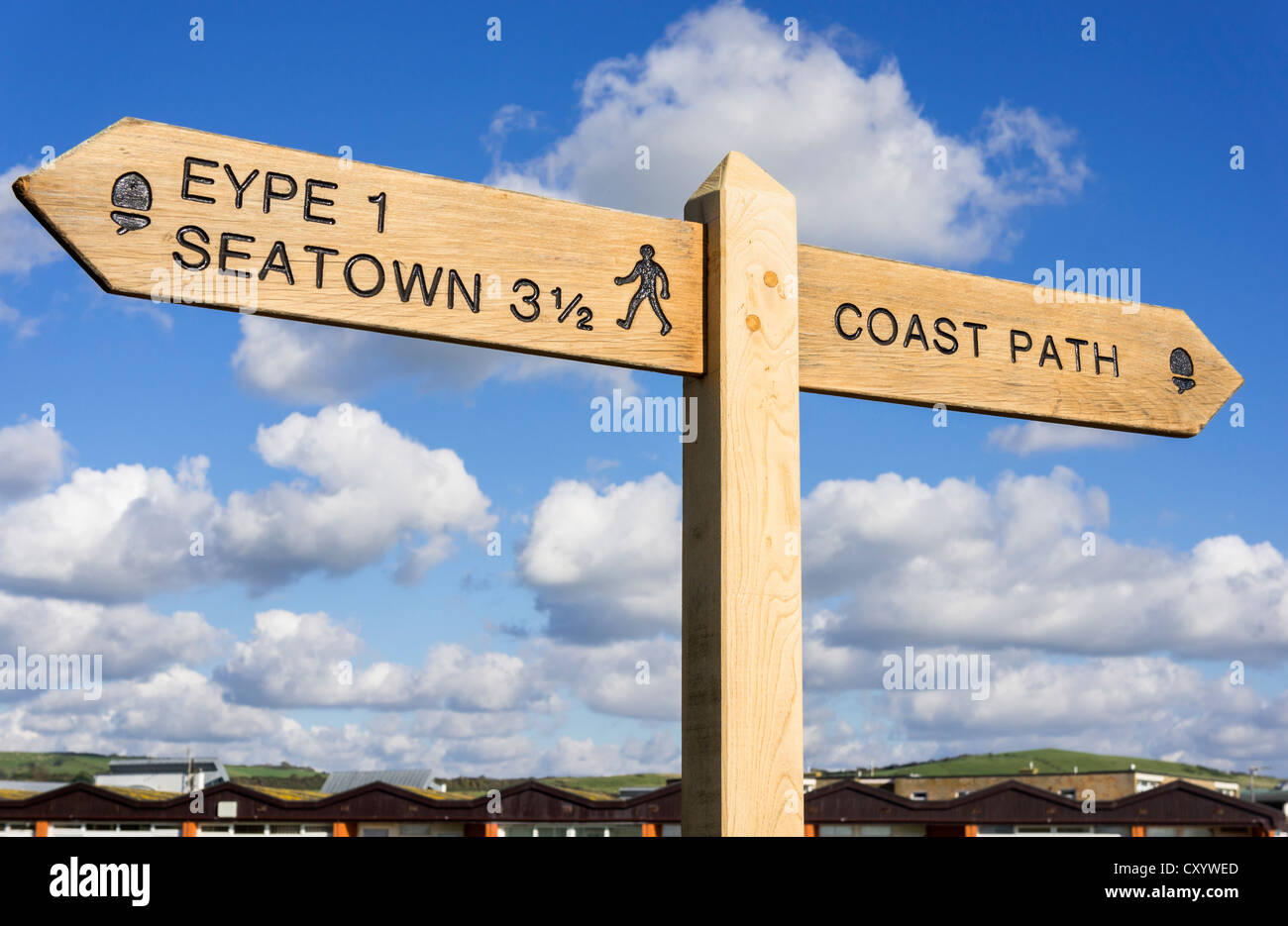 Coast path sign for the South West Coastal Path along the Jurassic Coast at West Bay, Bridport, Dorset coast, UK Stock Photo