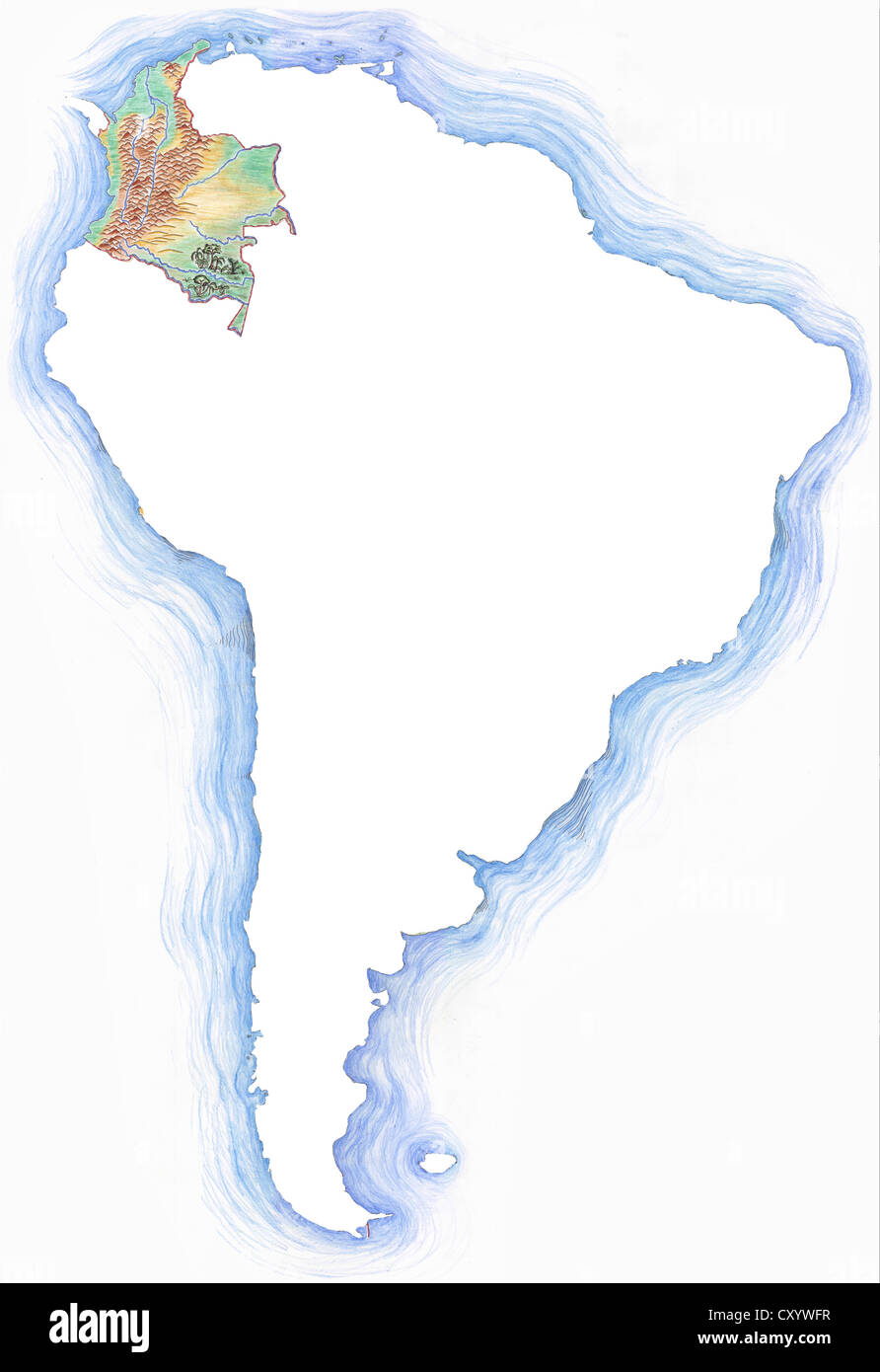 Highly detailed hand-drawn map of Colombia within the outline of South America Stock Photo