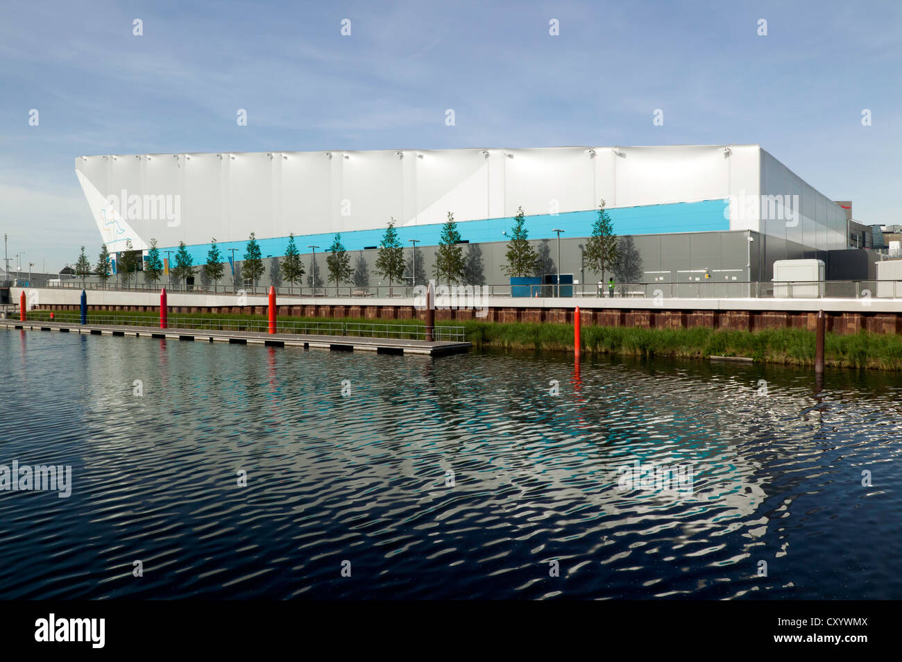 Sideview  of the Waterpolo arena and its logo, in the Olympic Park, Stratford. Stock Photo
