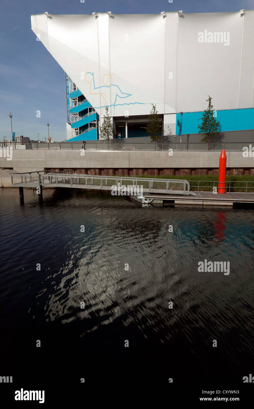 View of the side of the Waterpolo arena and its logo, in the Olympic Park, Stratford. Stock Photo