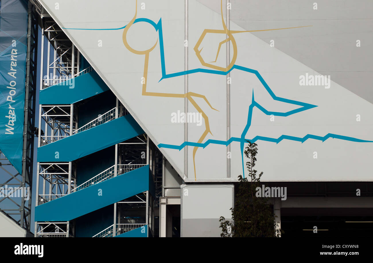 Close-up view of the side of the Waterpolo arena and its logo, in the Olympic Park, Stratford. Stock Photo