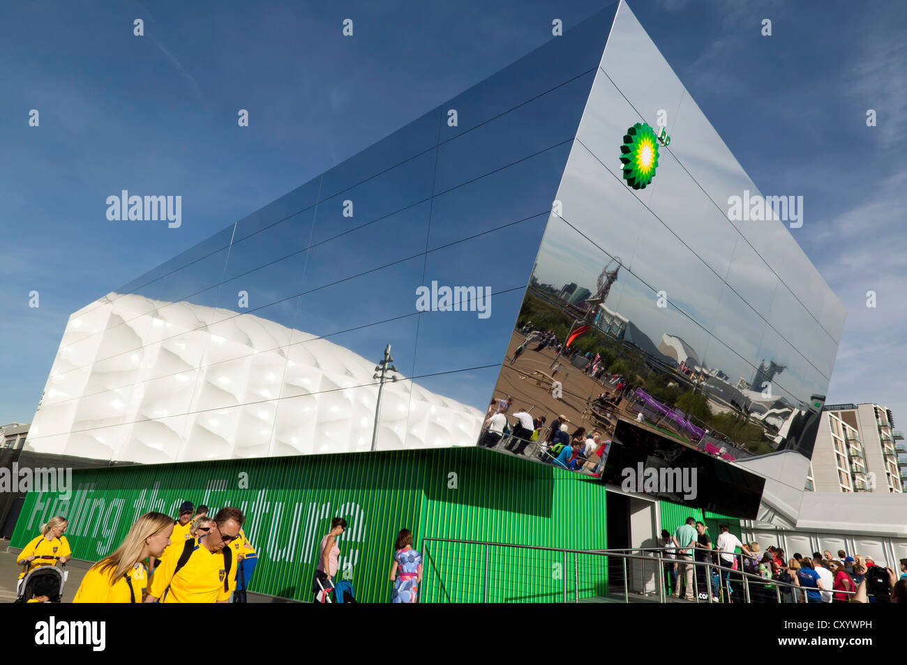 View of BP's mirrored box pavilion. Its showcase building at the Olympic Park, Stratford promoting its new Biofuels. Stock Photo