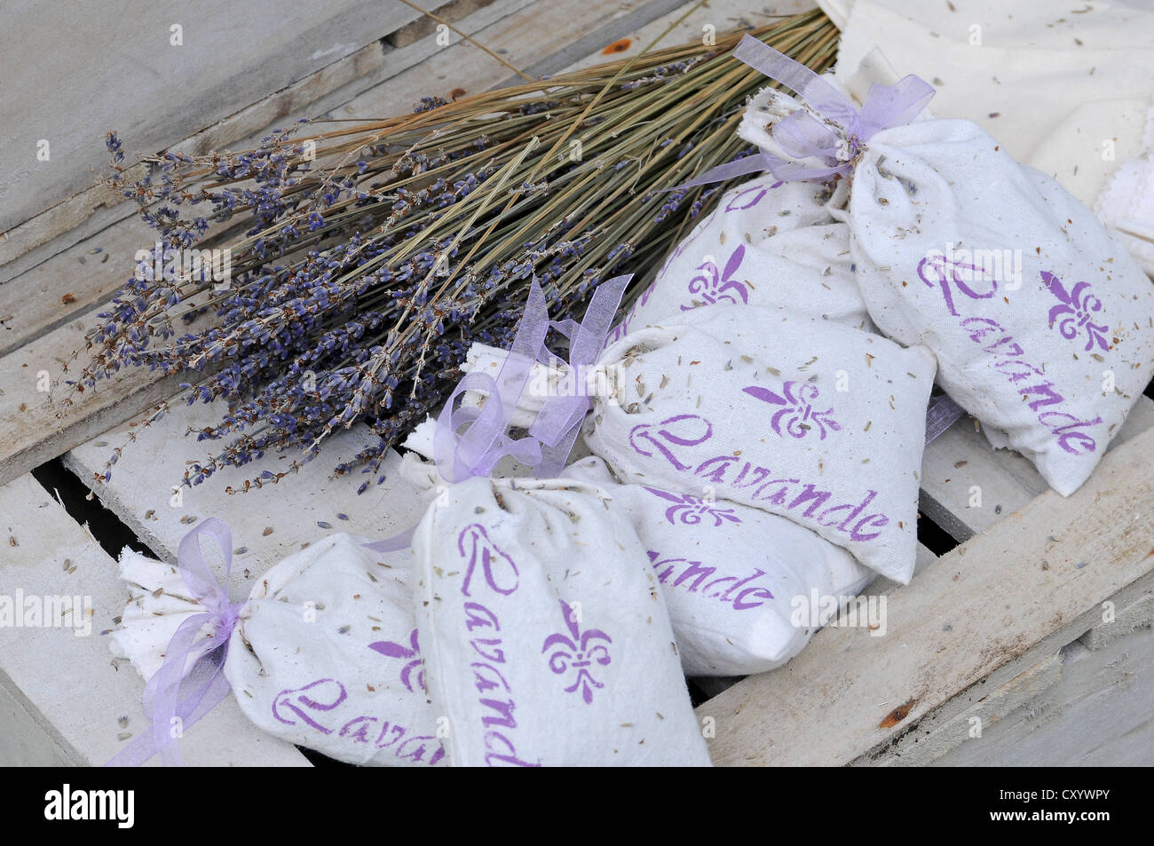 Dried lavender, sachets with lavender flowerheads Stock Photo
