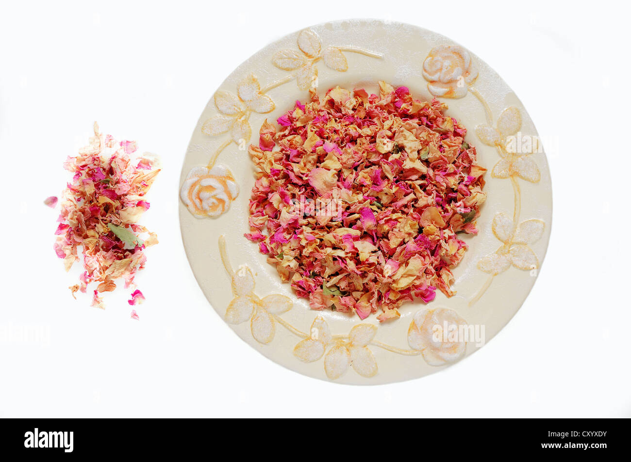 Dried rose petals on a plate (Rosa sp.), incense Stock Photo