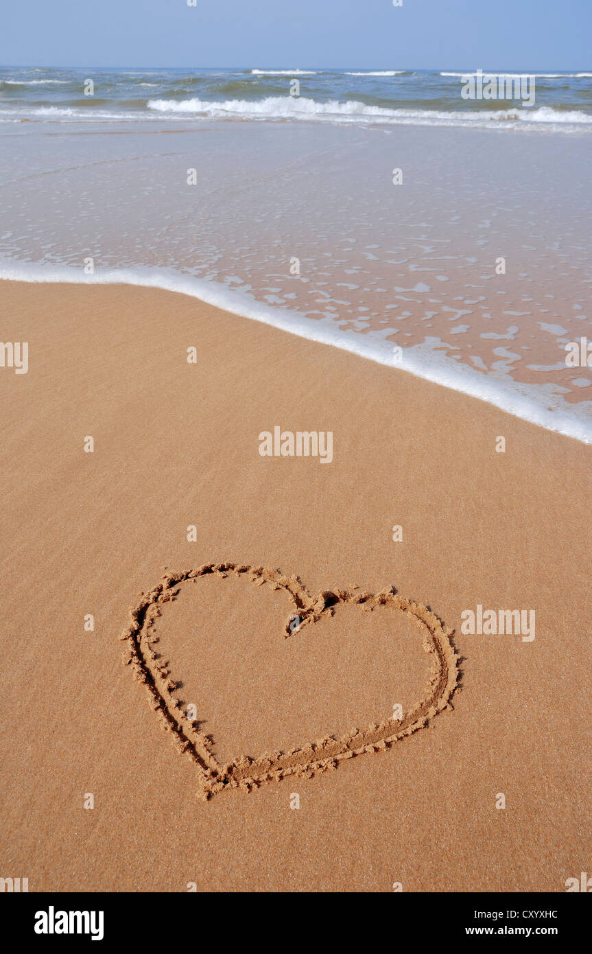 Heart drawn in sand on the beach, Castricum aan Zee, North Holland, Netherlands, Europe Stock Photo
