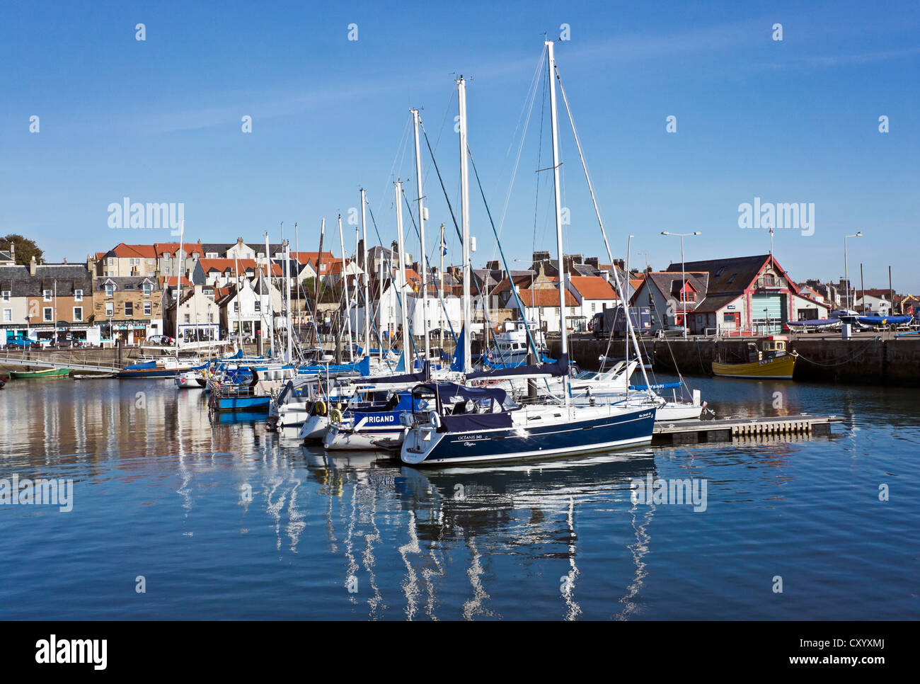 Anstruther harbour in Fife Scotland with moored pleasure boats Stock Photo