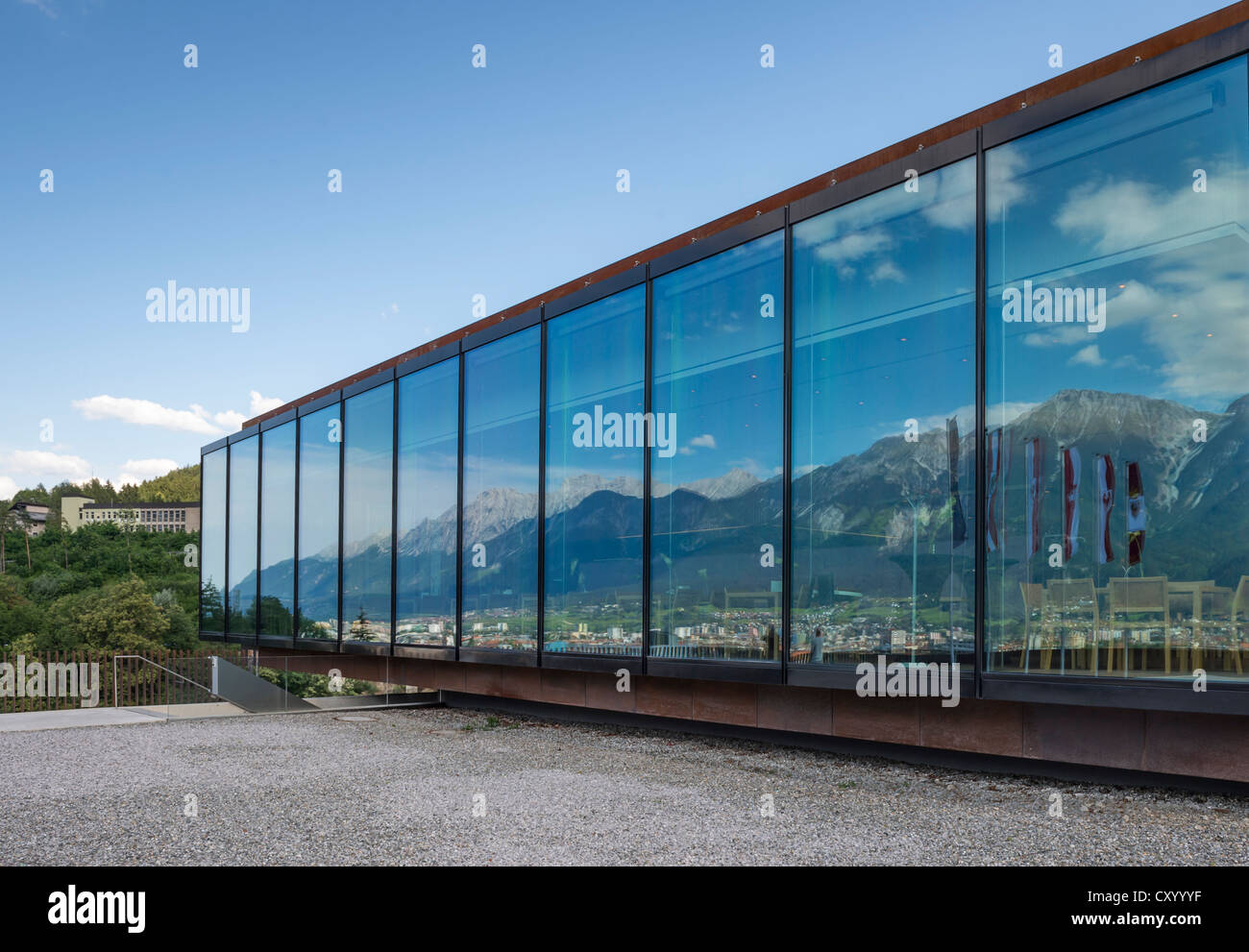 Forecourt and glass facade of the 'Tirol Panorama' Museum, at Bergisel, Innsbruck, Tyrol, Austria, Europe, PublicGround Stock Photo