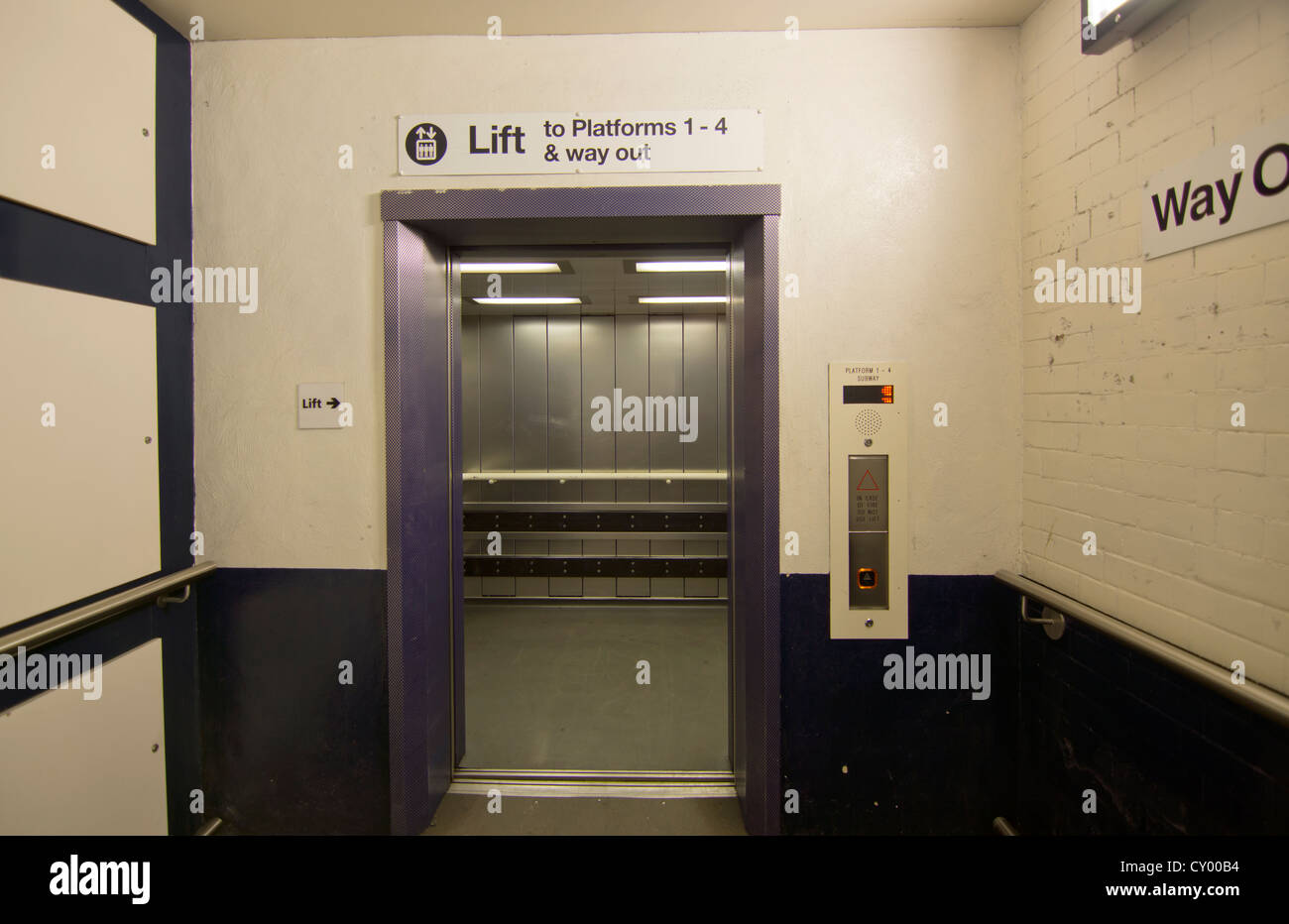 Front view of a modern elevator/lift at York railway station Stock