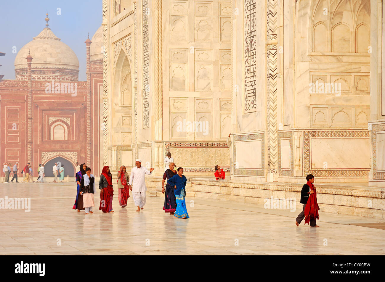 People visiting the Taj Mahal, mausoleum, built by Mughal emperor Shah Jahan in memory of his third wife, Mumtaz Mahal Stock Photo