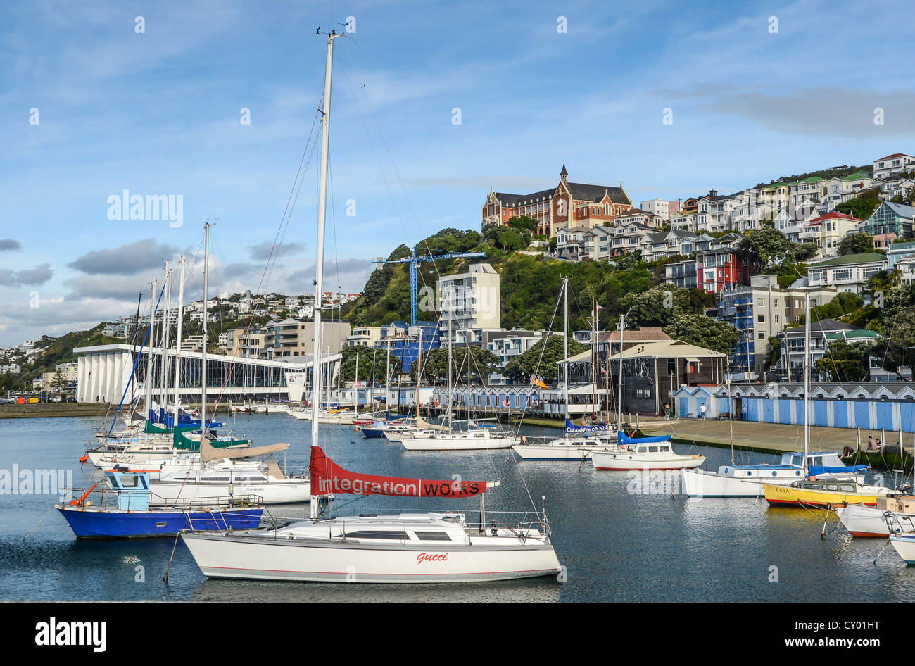 Sailing boats in the harbour of Wellington, Oriental Bay, North Island, New Zealand Stock Photo