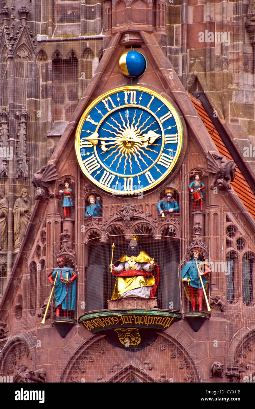 Nuremberg, Germany, Church of Our Lady, Frauenkirche, Market Square (Hauptmarkt), Gothic Church, Clock Tower Stock Photo