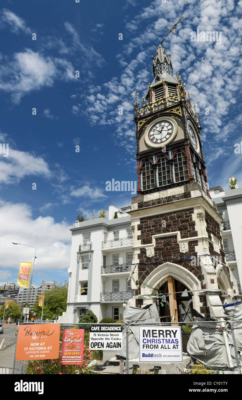 Earthquake damage at the Victoria Clock Tower in the High Street, earthquake damage to the landmark of Christchurch Stock Photo