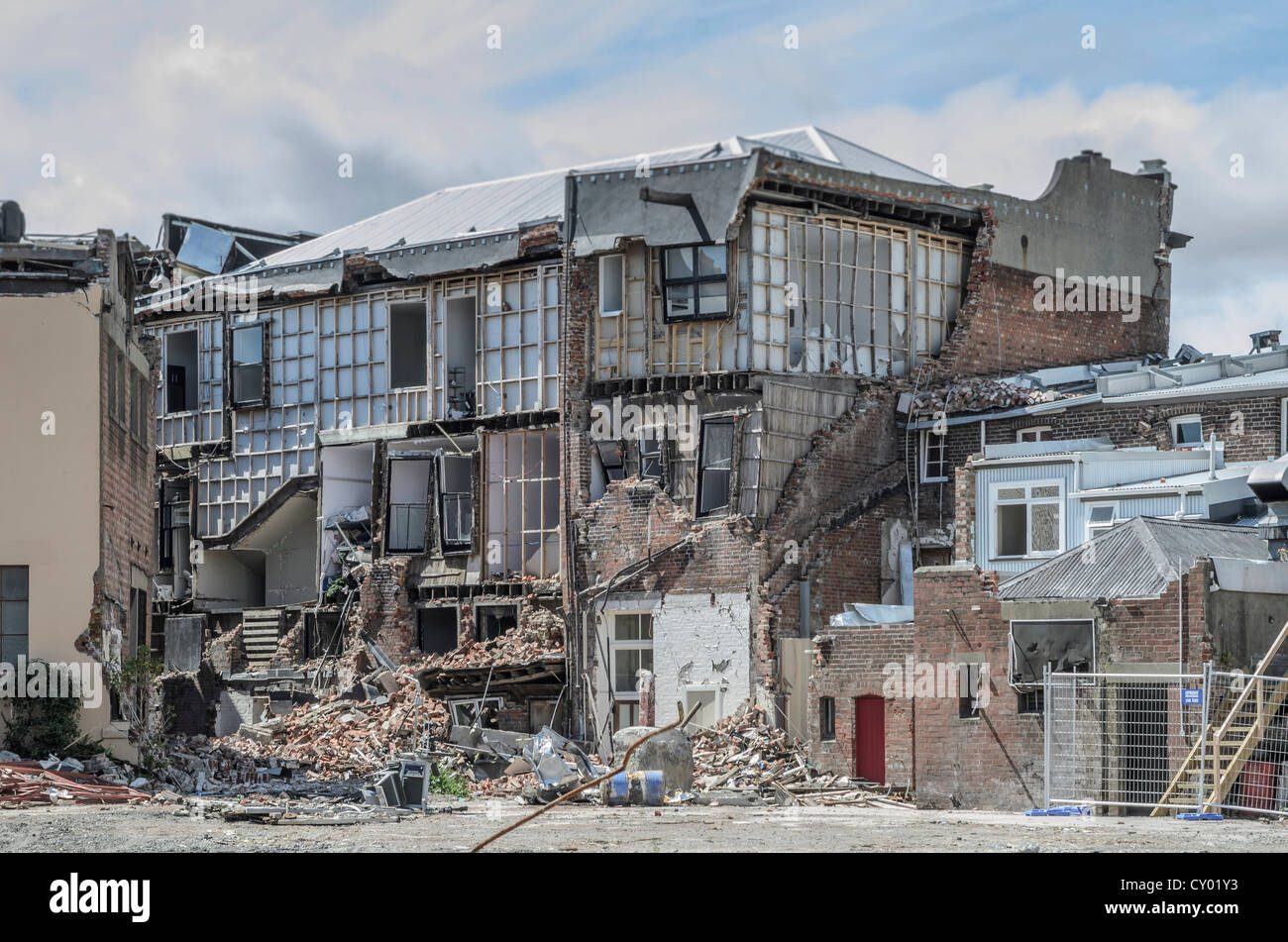 Severely destroyed house by the earthquake in the cordoned off town centre of the Christchurch earthquake zone, South Island Stock Photo