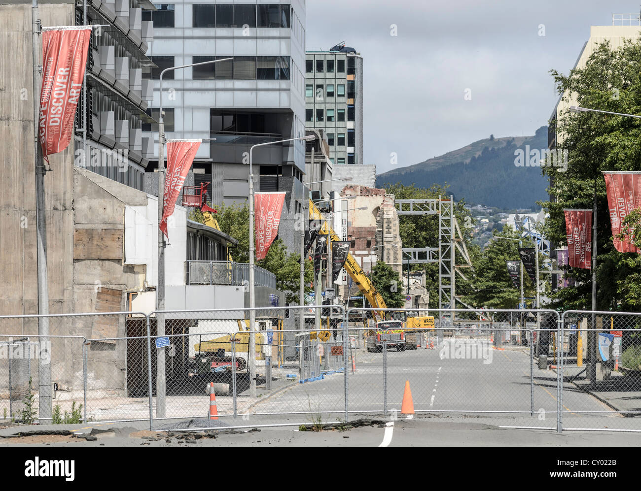Fence, border of the evacuated CBD Red Zone, city cente of Christchurch, damaged by earthquakes, South Island, New Zealand Stock Photo