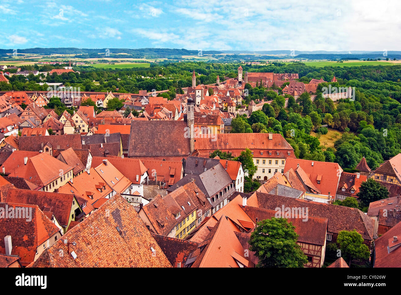 Rothenburg ob der Tauber, Bavaria, Germany, A view over the rooftops of the 13th century Medieval town Stock Photo
