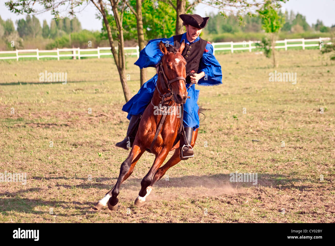 Hungary, Kalocsa, Csikos Hungarian horse rider. Stock Photo