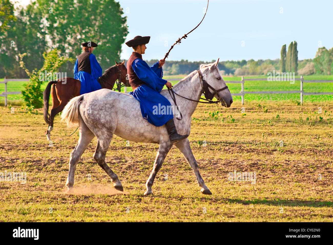 Hungary, Kalocsa, Csikos Hungarian horse riders, demonstrating their prowess with a whip Stock Photo