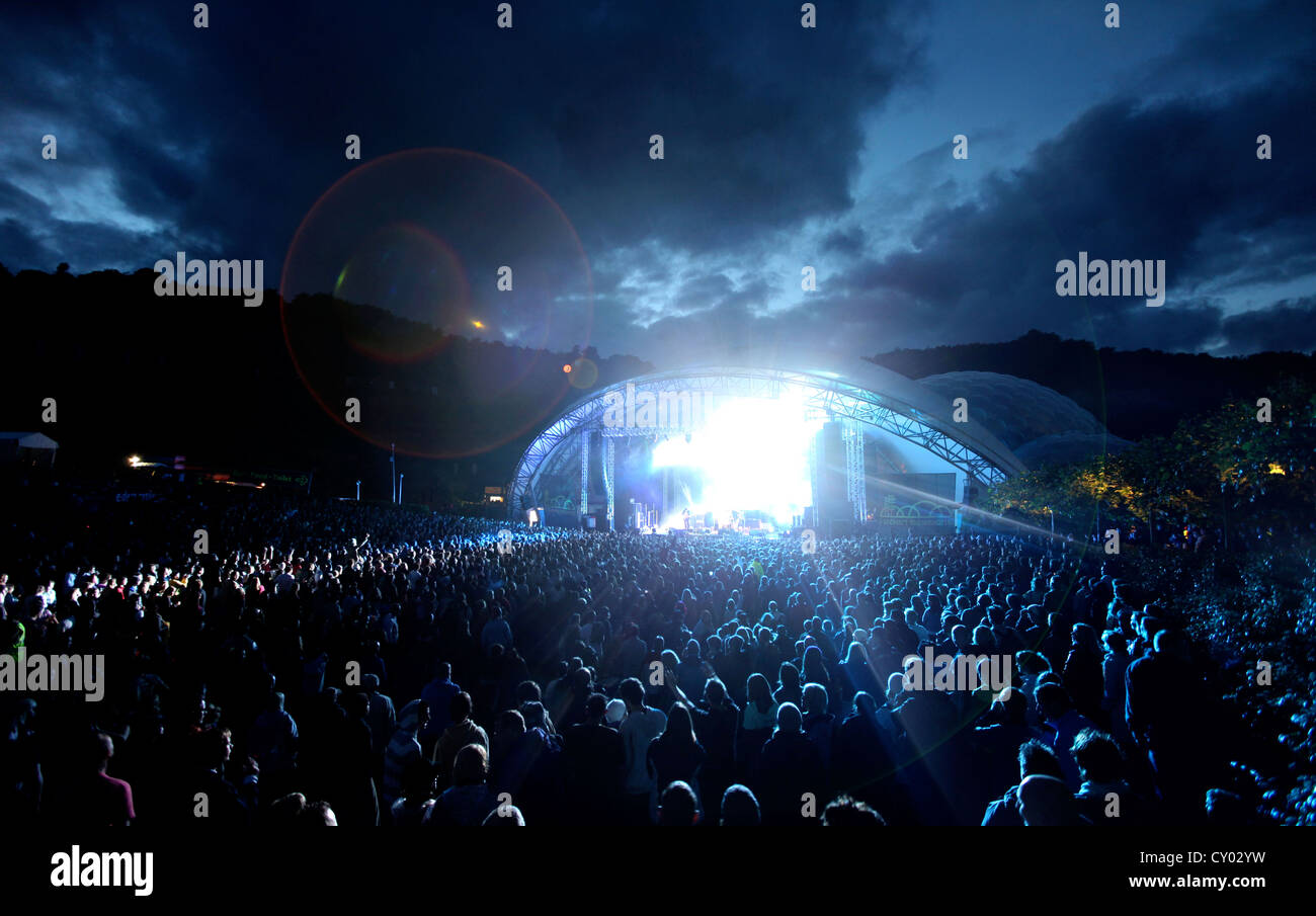 The Eden Sessions stage lit up at night at the Eden Project in Cornwall