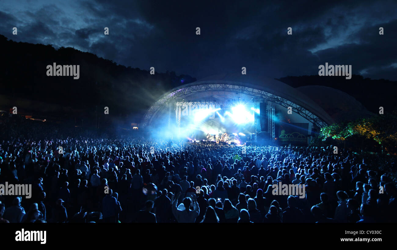 The Eden Sessions stage lit up at night at the Eden Project in Cornwall