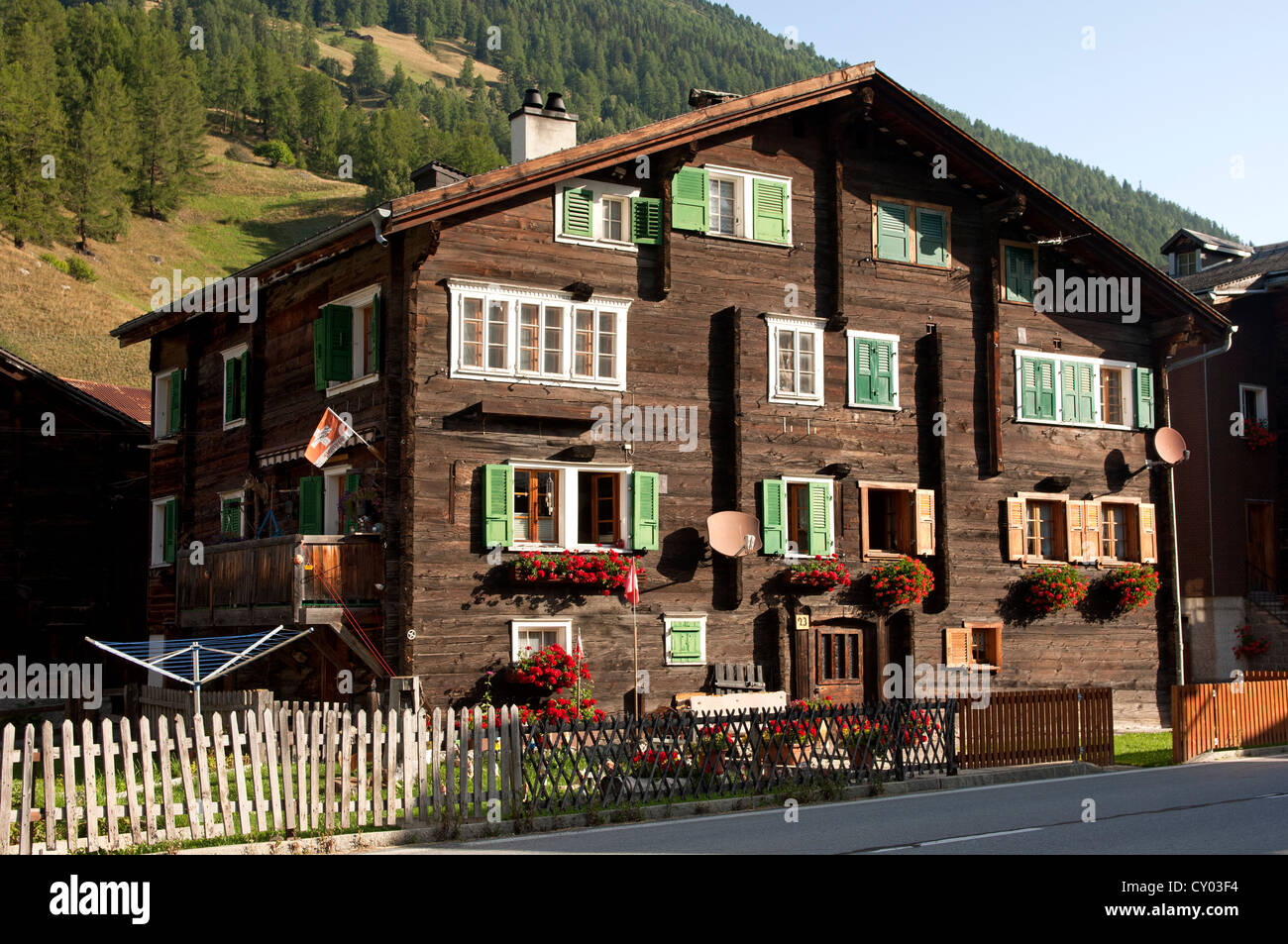 Traditional Swiss chalet, Ulrichen at Nufenen Pass, Obergoms, Valais, Switzerland, Europe Stock Photo