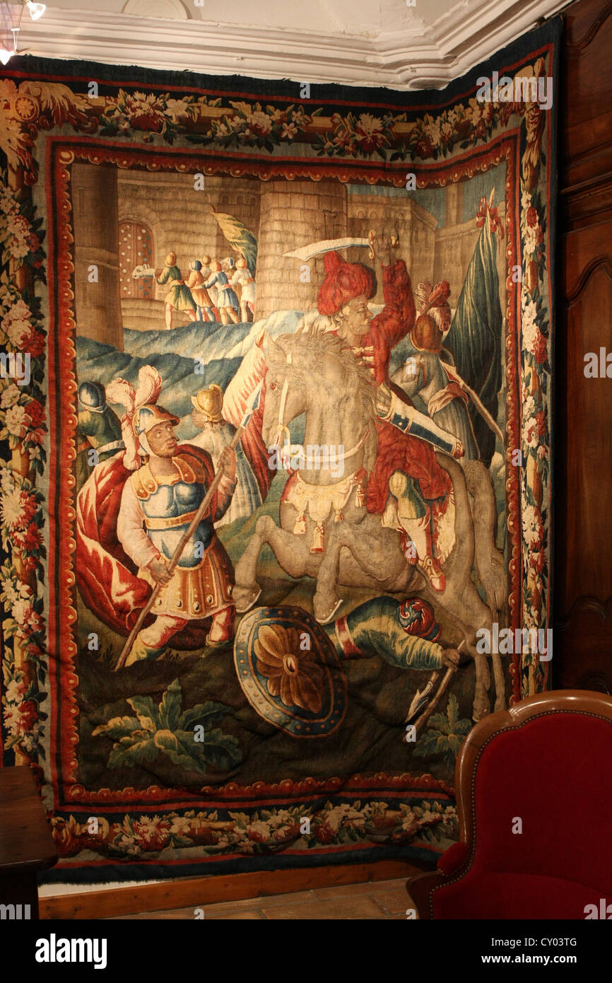 Aubusson tapestries in the Hotel de Ville at Vallon-Pont-d'Arc Stock Photo