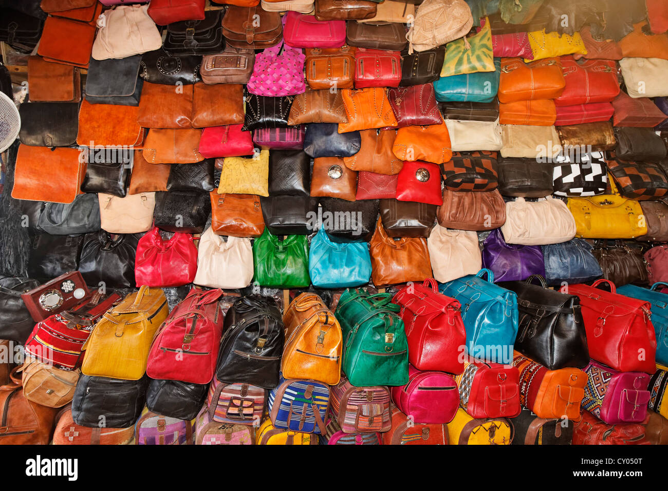 Colourful leather bags and handbags, Fès, Fez, Fès-Boulemane, Morocco, North Africa, Maghreb, Africa Stock Photo
