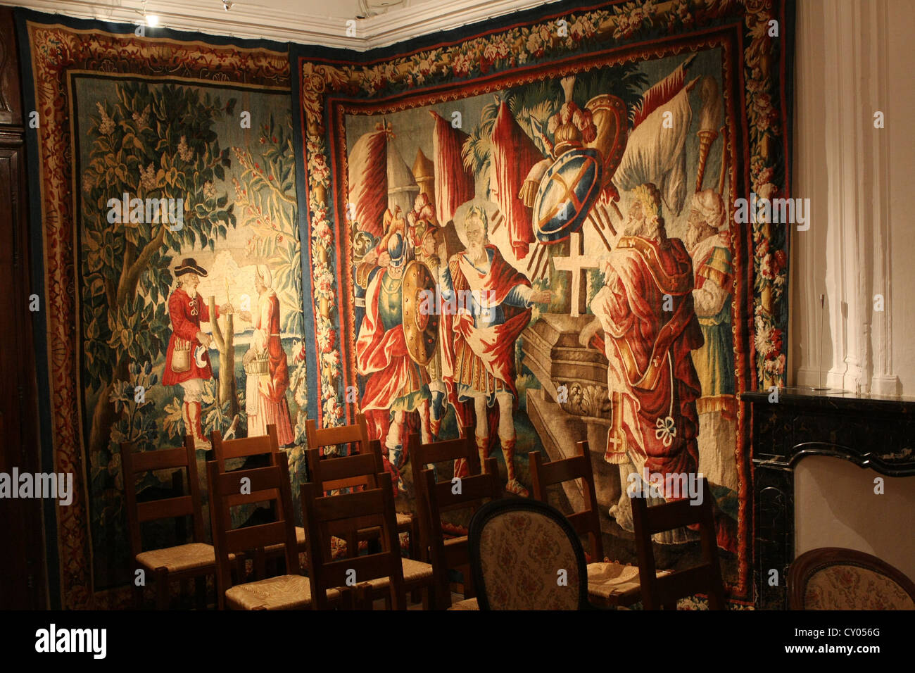 Aubusson tapestries in the Hotel de Ville at Vallon-Pont-d'Arc Stock Photo