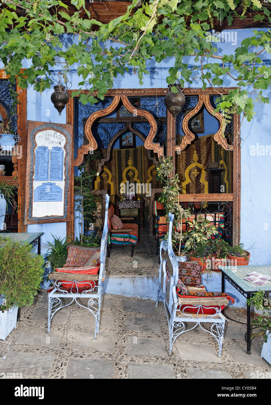 Entrance to a restaurant with decorations, Chefchaouen or Chaouen, Tanger-Tétouan, Morocco, Maghreb, North Africa, Africa Stock Photo