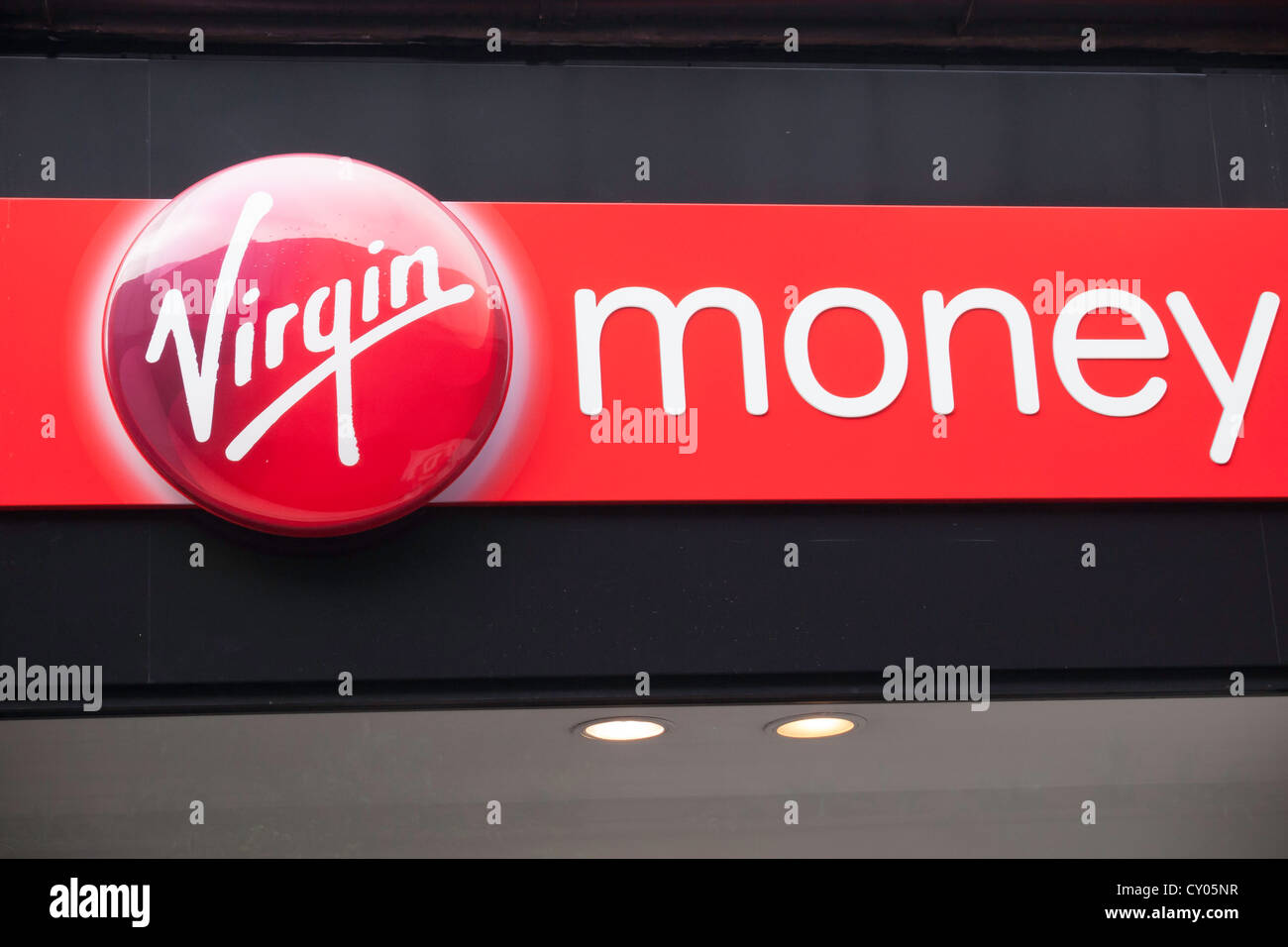 Name sign on a branch of Virgin Money bank, formerly Northern Rock, in Middlesbrough Cleveland UK Stock Photo