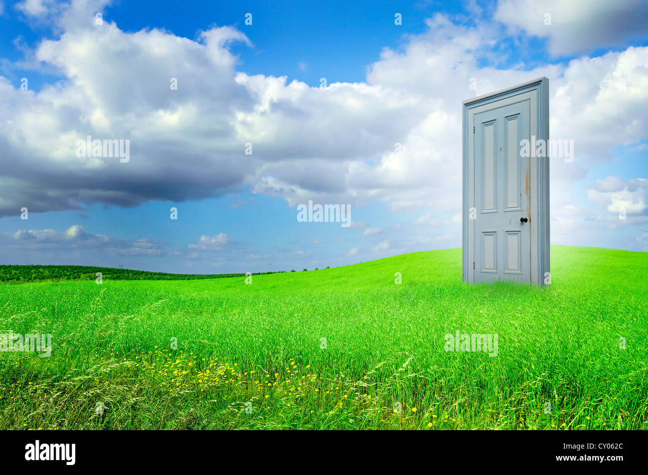 Isolated door in a grass field with blue cloudy sky Stock Photo