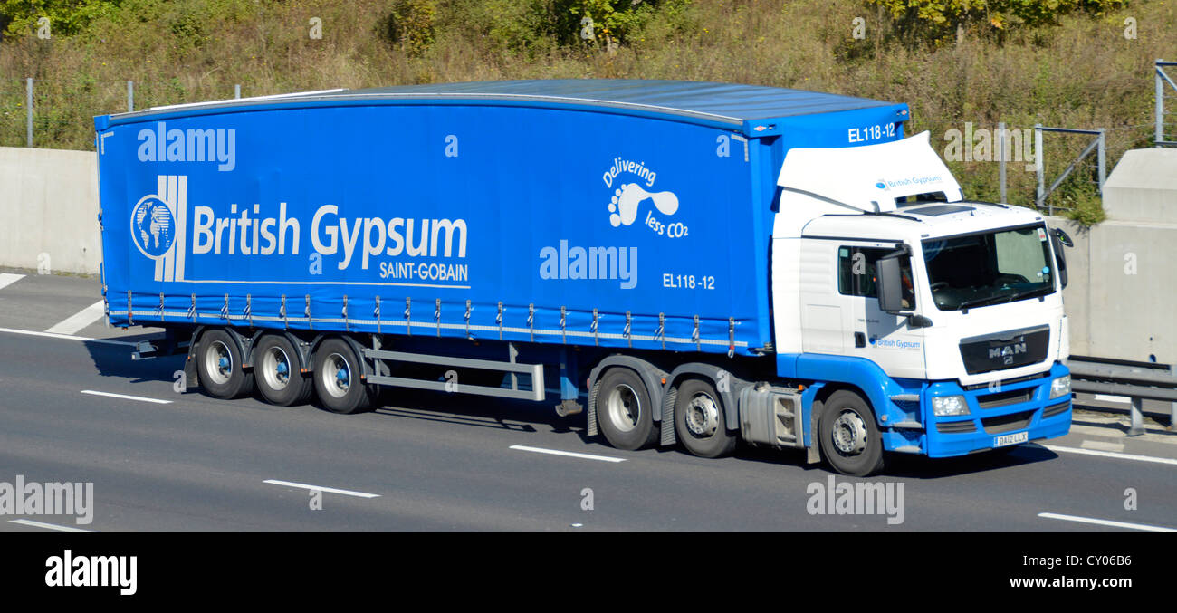 Side view British Gypsum SaintGobain plasterboard materials business company supply chain lorry
