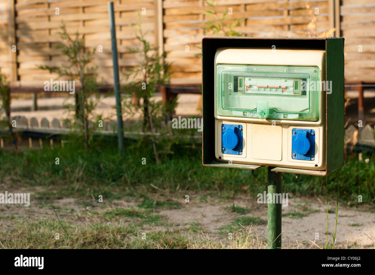 Electric panel in camping . Stock Photo