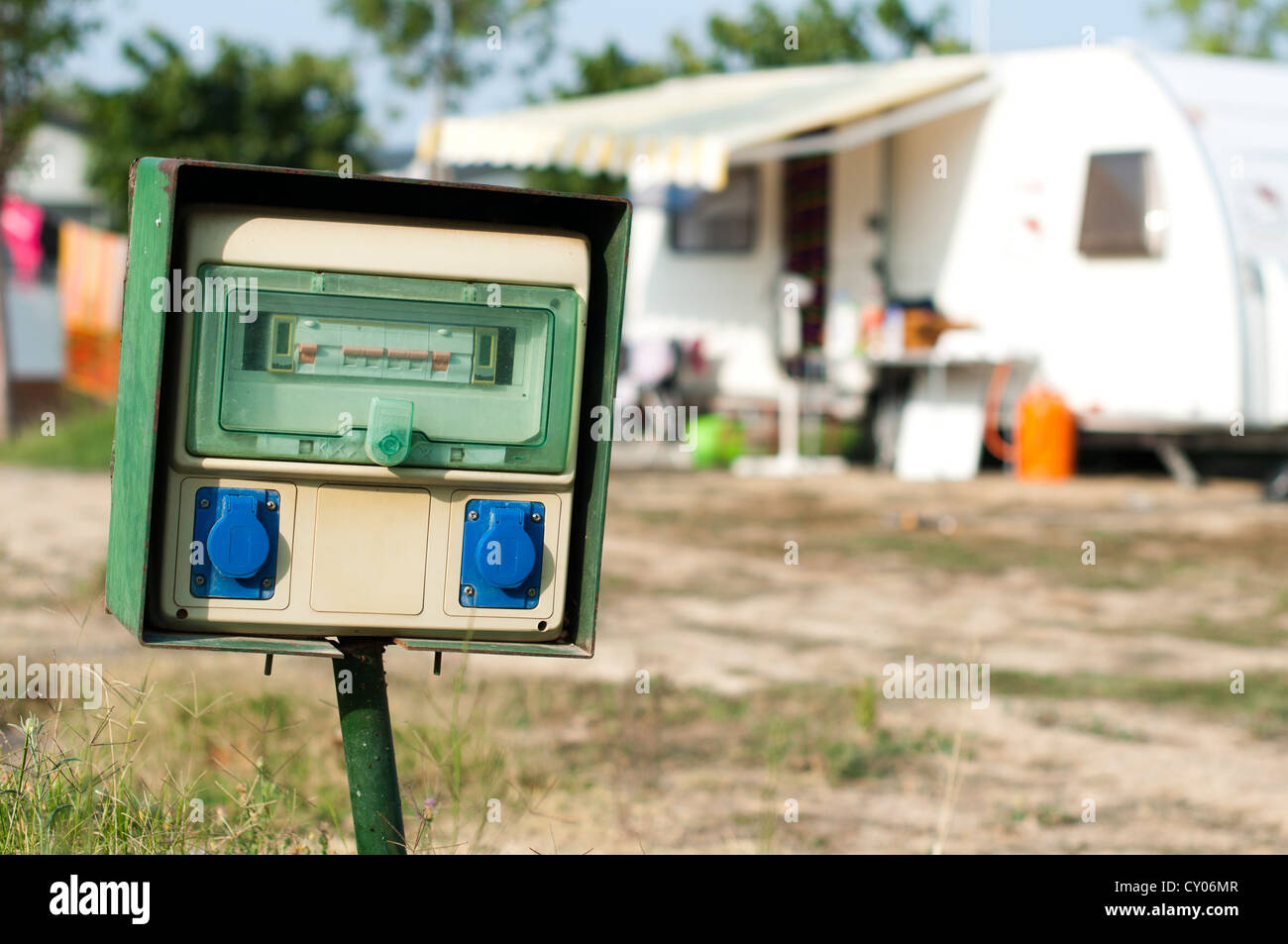 Electric panel in camping . Stock Photo