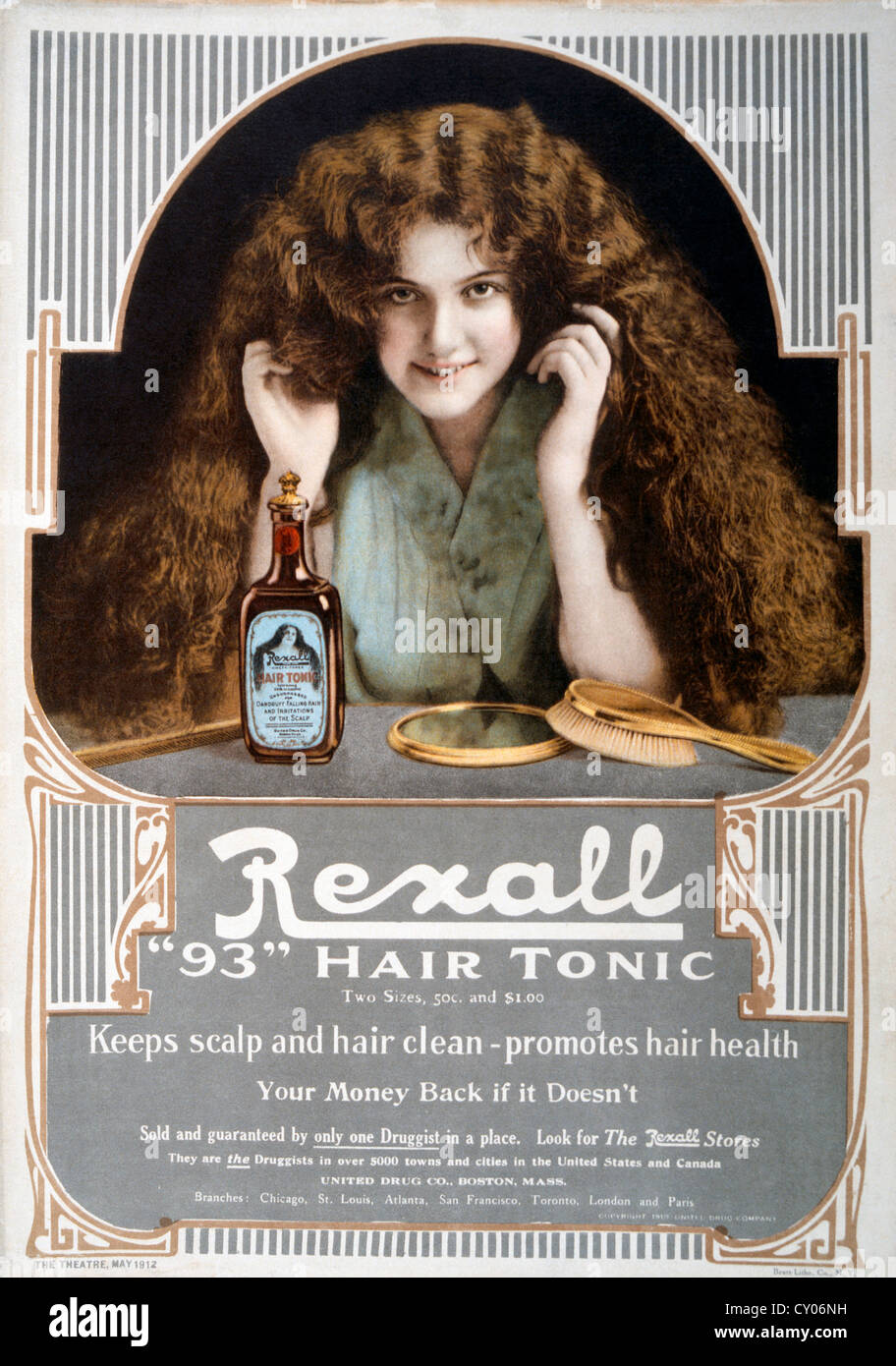 Woman With Long Hair, Rexall 93 Hair Tonic, Advertisement, Circa 1912 Stock Photo
