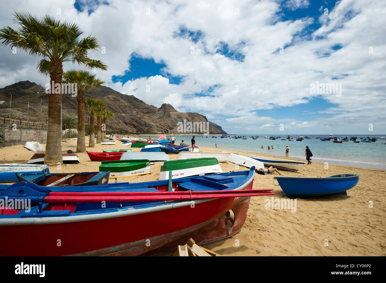 Boats on the beach, Playa de las Teresitas beach, San Andres, near Santa Cruz de Tenerife, Tenerife, Canary Islands, Spain Stock Photo